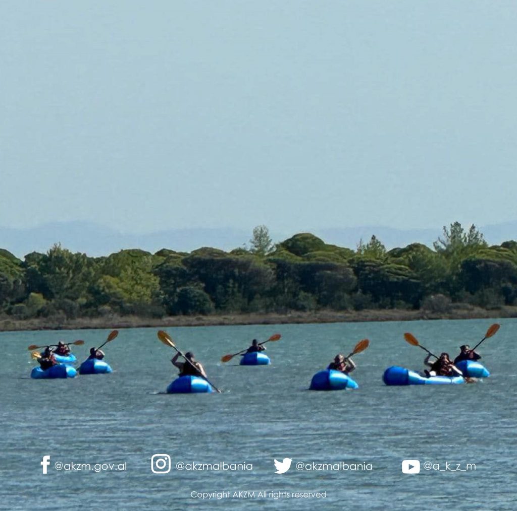 Turistët eksplorim me kajak në lagunën e Karavastasë