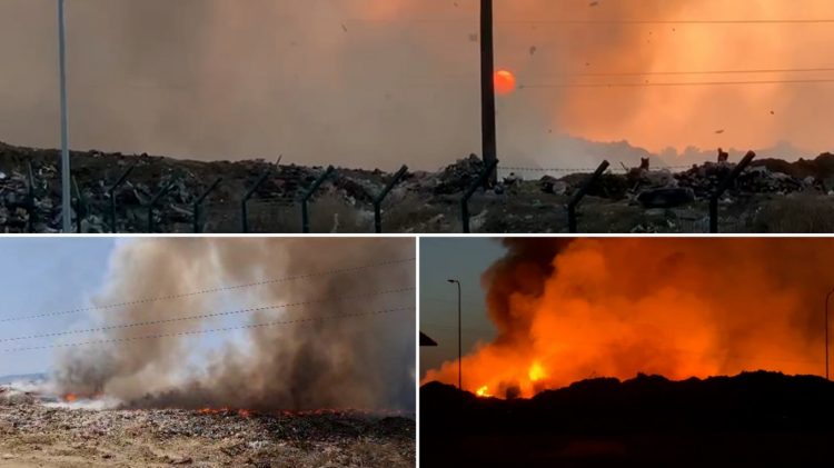 Zjarri në fushën e mbetjeve në Vlorë, helikopteri ndërhyn për të shuar flakët