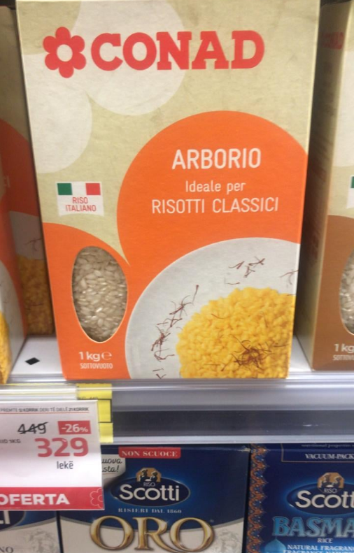 Riso Arborio 1 kg, del nga qarkullimi në Itali për kadmium mbi normë. Produkti në shitje në Shqipëri