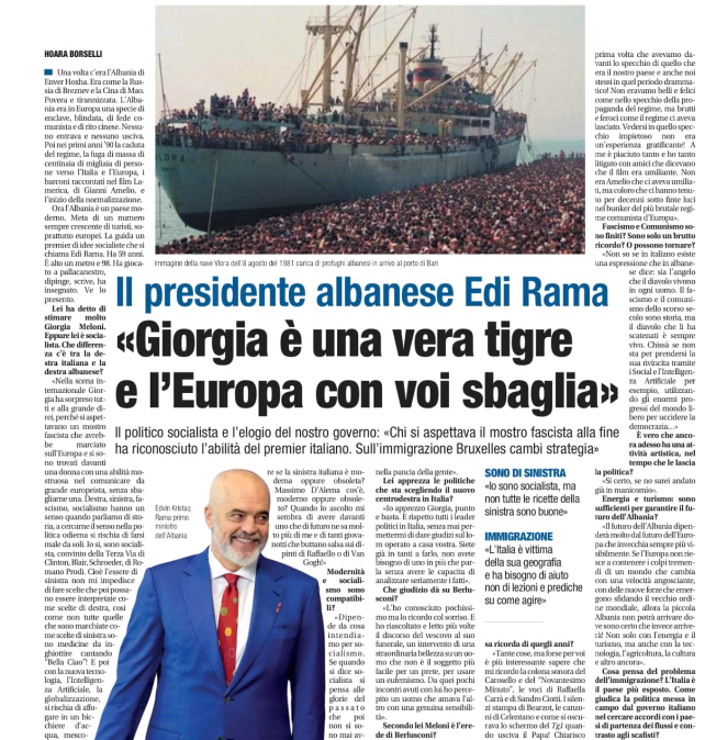 Rama për gazetën italiane “Libero”: E ardhmja e Shqipërisë do të varet shumë nga ajo e Europës