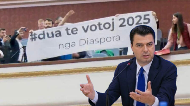 Banderola ‘Dua të votoj në 2025’ në Kuvend, reagon Basha: PD, forca e vetme politike që ka kërkuar mundësimin e votës së diasporës